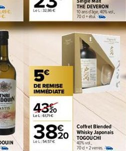 5€  DE REMISE IMMÉDIATE  43%  Le L:6171€  3820  LeL: 54,57 €  HARE  Ar  1.  A  Coffret Blended Whisky Japonais TOGOUCHI 40% vol.. 70d 2 verres. 