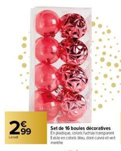 2.99  Leset  N  Set de 16 boules décoratives En plastique, coloris fuchsia transparent Existe en coloris bleu, doré cuivré et vert menthe  