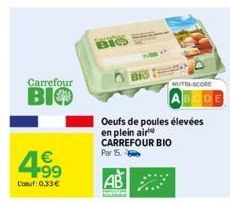 Carrefour  BIO  4.9⁹  1€  L'oeuf: 0,33€  Oeufs de poules élevées en plein air CARREFOUR BIO Par 15.  AB  King  NUTRI-SCORE 