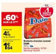 -60%  sur le 2  vendu soul  409  le kg 2045 €  le 2 produt  14  daim  stack  bonbons chocolat caramel daim  200 g  soit les 2 produits: 5,73 €-soit le kg: 14,33 €  vignette  