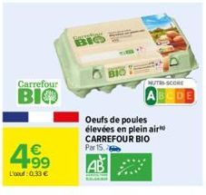 Carrefour  BIO  4.9⁹  €  99  L'oou: 0.33 €  NUTRS-SCORE  BCDE  Oeufs de poules élevées en plein air CARREFOUR BIO  Par 15 