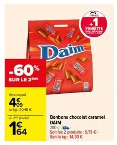 -60%  sur le 2 me  vendu seul  409  lekg: 20,45 €  le 2 produt  € 164  daim  bonbons chocolat caramel daim  200 g.  soit les 2 produits: 5,73 € - soit le kg: 14,33 €  vignette 