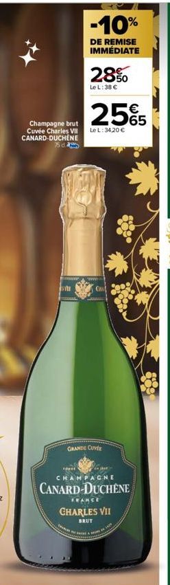 Champagne brut Cuvée Charles VII CANARD-DUCHENE 750  SVI  -10%  DE REMISE IMMÉDIATE  28%  Le L: 38 €  25%  65  Le L: 34,20 €  wwww..  CHA  ALLU  REA  GRANDE CUVEE  CHAMPAGNE  CANARD-DUCHENE  FRANCE  C
