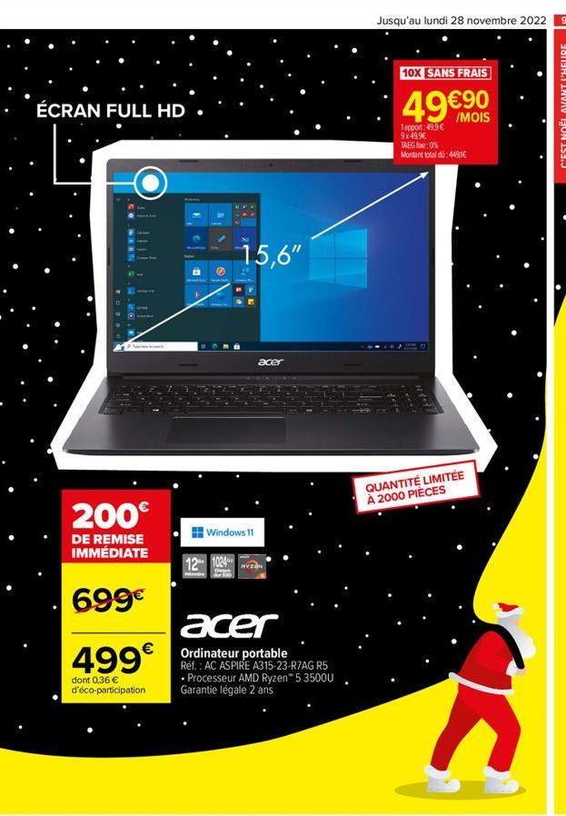 ÉCRAN FULL HD  200€  DE REMISE IMMÉDIATE  699€  €  499  dont 0,36 € d'éco-participation  15,6"  Windows 11  121024  acer  acer  Ordinateur portable Réf. : AC ASPIRE A315-23-R7AG R5 Processeur AMD Ryze