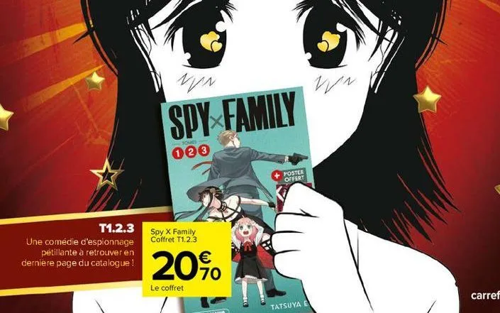 t1.2.3 une comédie d'espionnage  pétillante à retrouver en dernière page du catalogue !  ven  spy family  tomes  123  spy x family coffret t1.2.3  20%  le coffret  poster offert  tatsuya e 