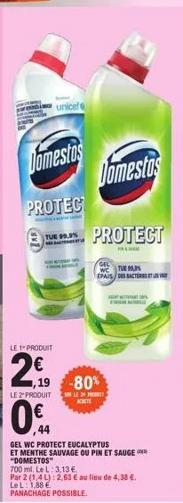le 1 produit  20  le 2' produit  0€  unicef  jomestos  protec  tue 99.9%  actres  0,19 -80%  jomestos  protect  pallare  son le 2 produit achete  gel  wc tue 99% epais des bacteres  gel wc protect euc