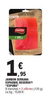 b-2  jambon serrano espagnol reserva  esperia  (-80%)  € 1,95  jambon serrana espagnol reserva (5) "espuna"  8 tranches+2 offertes (125 g) le kg: 15,60 € 