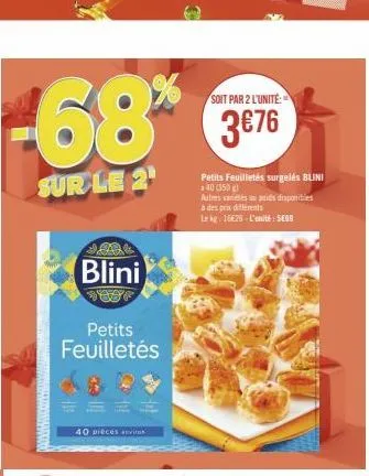 -68%  sur le 2¹  blini  petits feuilletés  40 pieces anviron  soit par 2 l'unité  3€76  petits feuilletés surgelés blini 40 (350 g)  autres varieties su prids disponibles à des prix différents  in kg: