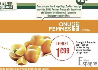 onu femmes e  le filet  1699  france  orange à bouche cat 1, cal 4/5 le filet de 2kg variété naveline le kg: 1€00  espagne  origine 