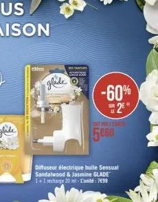 glade  bar  diffuseur électrique huile sensual sandalwood & jasmine glade 1+1 recharge 20 ml-l'unité: 7699  -60%  sue 2e  5660 