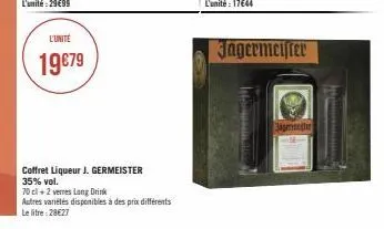 l'unité  19€79  coffret liqueur j. germeister 35% vol.  the timing  jagermeister  jagerinter 