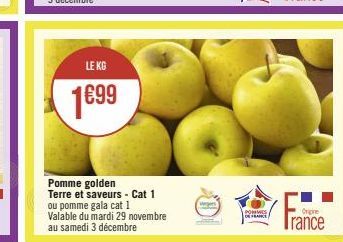 LE KG  €99  Pomme golden Terre et saveurs - Cat 1 ou pomme gala cat 1 Valable du mardi 29 novembre au samedi 3 décembre  Vergers  POMMES DE FRANCE  Origine  Trance 