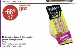 -68% 2⁰  soit par 2 lunite:  0693  sandwich simple & bon complet jambon fromage sodebo 145 g  autres variétés ou poids disponibles le kg: 9666-l'unité : 1640  sodebo  simple abon  jambon  emmental  10