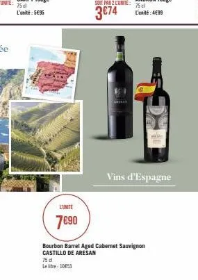 l'unite  7€90  75 cl letre: 10€53  soit par 2 lunite:  3 €74  bourbon barrel aged cabernet sauvignon castillo de aresan  vins d'espagne 