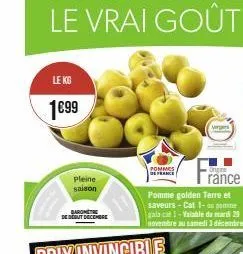 le kg  1€99  pleine saison  barom  de debut decembre  pommes  pomme golden terre et saveurs-cat 1-au comme gala cat i-valable da mardi 29 novembre au samedi 3 décentre  origine  ránce 