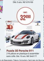 Puzzle  LUNITE  32690  Puzzle 3D Porsche 911 216 pièces en plastique à assembler sans colle. Dès 10 ans. Réf. 849177 