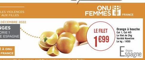 ONU FEMMES E  LE FILET  1699  FRANCE  Orange à bouche Cat 1, Cal 4/5 Le filet de 2kg Variété Naveline Le kg: 1€00  Espagne  Origine 