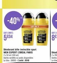 -40%  soit l'unite:  5604  kore  déodorant bille invincible sport men expert l'oreal paris 2x 50 ml (100 ml)  lot de  autres variétés ou poids disponibles le litre: 50€40-l'unité: 8€40  lorea 