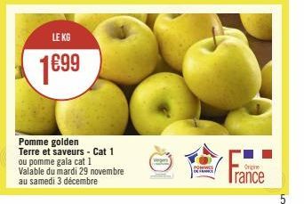 LE KG  €99  Pomme golden Terre et saveurs - Cat 1 ou pomme gala cat 1 Valable du mardi 29 novembre au samedi 3 décembre  Vergers  POMMES DE FRANCE  Origine  Trance  5 