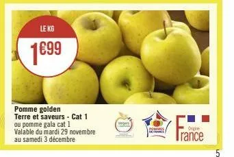 le kg  €99  pomme golden terre et saveurs - cat 1 ou pomme gala cat 1 valable du mardi 29 novembre au samedi 3 décembre  vergers  pommes de france  origine  trance  5 