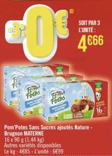 Poin Potes  SARE SU  Potos  SAN SOC CAIGUTER  Pom Potes Sans Sucres ajoutés Nature - Brugnon MATERNE  SOIT PAR 3 L'UNITÉ:  4€66  FOR  16  