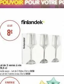le lot  8€  lot de 3 verres à vin 29,5 cl  finlandek  à partir de  exsite aussi: lot de 3 flutes 23cl à 5€50 ou lot de 3 verres à eau 33cl à 6€50  finlandek 