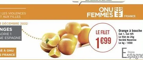 onu femmes e  le filet  1699  france  orange à bouche cat 1, cal 4/5 le filet de 2kg variété naveline le kg: 1€00  espagne  origine 