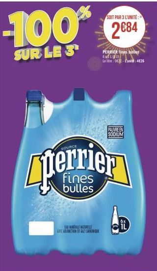 EARNERALE MATURELLE AVEC ABTONCTION DE CAE CARBONE  perrier  bulles  SOIT PAR 3 L'UNITÉ:"  2€84  PERRIER lines bulles 6L  Le litre: 071-Cunité:4€26  PAUVRE EN SODIUM  6x  IL 