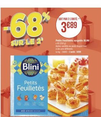 -68*  SUR LE 2¹  Blini  Petits Feuilletés  40 pieces anviron  SOIT PAR 2 L'UNITÉ  3€89  Petits Feuilletés surgelés BLINI 40 (350 g)  Autres varetes prids disponibles à des prix différents  In kg: 16€8