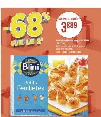 -68*  sur le 2¹  blini  petits feuilletés  40 pieces anviron  soit par 2 l'unité  3€89  petits feuilletés surgelés blini 40 (350 g)  autres varetes prids disponibles à des prix différents  in kg: 16€8