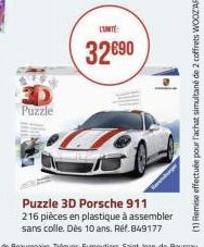 Puzzle  LUNITE  32690  Puzzle 3D Porsche 911 216 pièces en plastique à assembler sans colle. Dès 10 ans. Réf. 849177 