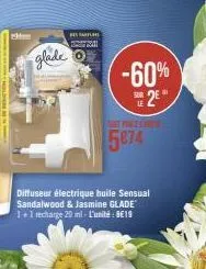 glade  bar  diffuseur électrique huile sensual sandalwood & jasmine glade 1+1 recharge 20 ml-l'unité: 819  5874  -60%  sue 2e 