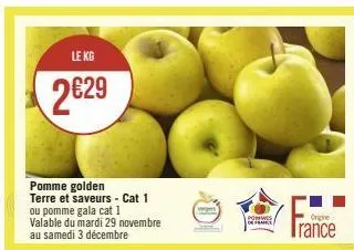 le kg  2629  pomme golden terre et saveurs - cat 1 ou pomme gala cat 1  valable du mardi 29 novembre au samedi 3 décembre  vers  pommes de france  france 