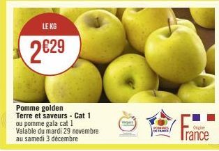 LE KG  2629  Pomme golden Terre et saveurs - Cat 1 ou pomme gala cat 1  Valable du mardi 29 novembre au samedi 3 décembre  Vers  POMMES DE FRANCE  France 
