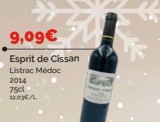9,09€  Esprit de Cissan Listrac Médoc  2014  75cl 12.03€/L 