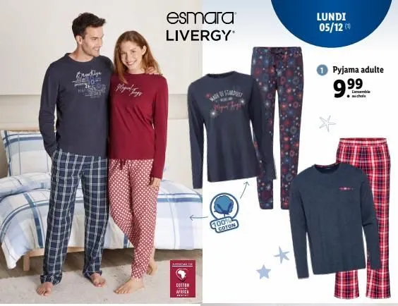 esmara livergy  cotten africe  hef  100% coton  lundi  05/12 (1)  pyjama adulte  95 9.⁹⁹  99  l'ensemble auchols 