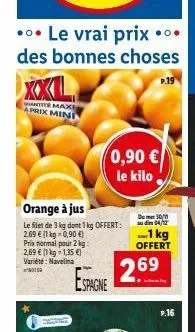 ... le vrai prix...  des bonnes choses  xxil  antite maxi aprix mini  orange à jus  le filet de 3 kg dont 1 kg offert: 2,69 € (1 kg-0,90 €)  prix normal pour 2 kg: 2,69 € (1 kg-1,35 €) variété: naveli