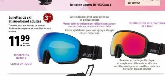 lunettes de ski  3  et snowboard adultes convient aussi aux porteurs de lunettes pochette de rangement en microfibre incluse  11.99  l'unité au chola  protection uv 100%  classe optique1  testé selon 