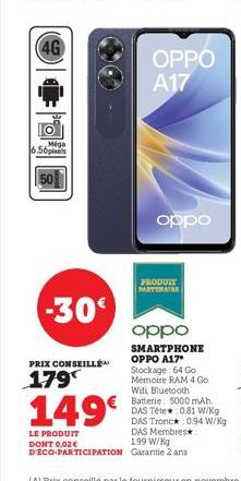 4G  Miga 6.56pixels  -30€  PRIX CONSEILL  179  OPPO A17  oppo  PRODUIT MARTIRATRE 