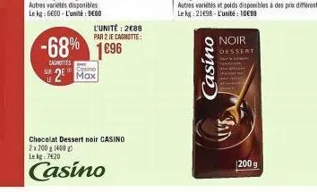 sur de  le  2 max  -68% 1696  lagnittes  l'unité: 2€88  par 2 je cagnotte:  chocolat dessert noir casino 2x200 1400 g le kg: 7€20  casino  autres variétés et poids disponibles à des prix différents le