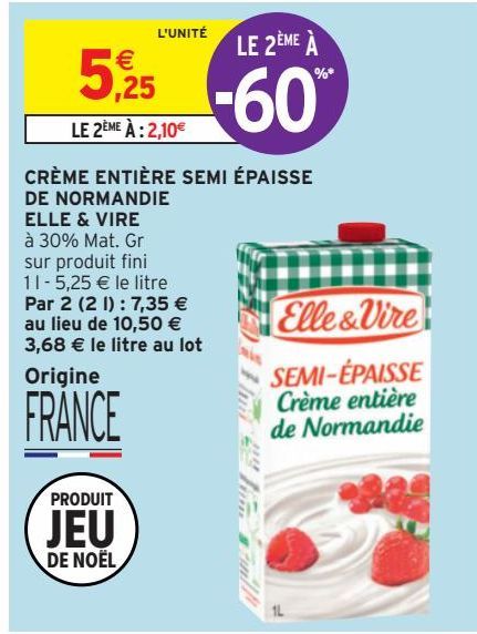 CRÈME ENTIÈRE SEMI ÉPAISSE DE NORMANDIE ELLE & VIRE