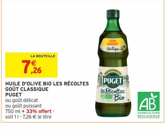 HUILE D'OLIVE BIO LES RÉCOLTES GOÛT CLASSIQUE PUGET