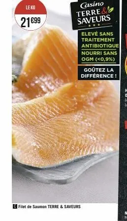 le kg  21€99  casino terre& saveurs  filet de saumon terre & saveurs  elevé sans traitement antibiotique  nourri sans ogm (<0,9%)  goûtez la différence! 