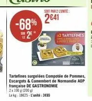 -68% 2*  soit par 2 lunite:  2€41  x2 tartefines  tartefines surgelées compotée de pommes, escargots & camembert de normandie aop française de gastronomie 2x 100 g (200 g)  le kg: 18€25-l'unité: 3665 