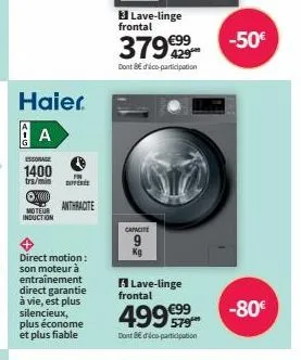 haier.  a  essorage  1400  trs/min  ⓒx00  moteur induction  fn  différe  anthracite  direct motion: son moteur à entraînement direct garantie à vie, est plus silencieux, plus économe et plus fiable  l