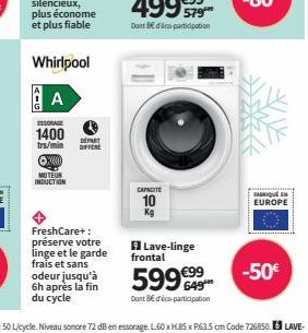 Whirlpool A  ⒸXXXXX  MOTEUR INDUCTION  ESSORAGE  1400 DEPART  tr/min  DIFFERE  FreshCare+: préserve votre linge et le garde frais et sans odeur jusqu'à 6h après la fin du cycle  CAPACITE  Kg  Lave-lin