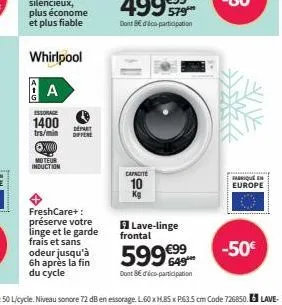 whirlpool a  ⓒxxxxx  moteur induction  essorage  1400 depart  tr/min  differe  freshcare+: préserve votre linge et le garde frais et sans odeur jusqu'à 6h après la fin du cycle  capacite  kg  lave-lin