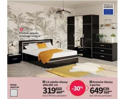 existe aussi en  finition laquée, éclairage intégré  lit adulte glossy  140x190 cm  319  dont 3,70€ déco-participation  -30%  fabrique europe  armoire glossy 3 portes  922 dont 11€ d'vico-participatio