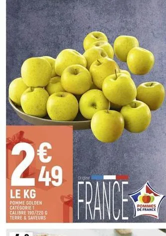 249  le kg  pomme golden categorie 1 calibre 190/220 g terre & saveurs  origine  france  pommes de france 