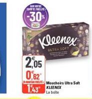 SUR VOTRE COMPIE HOËLNE  -30%  2,05  0,62  Kleenex  ULTRA SOFT  1,43 KLEENEX  La boite  Mouchoirs Ultra Soft 